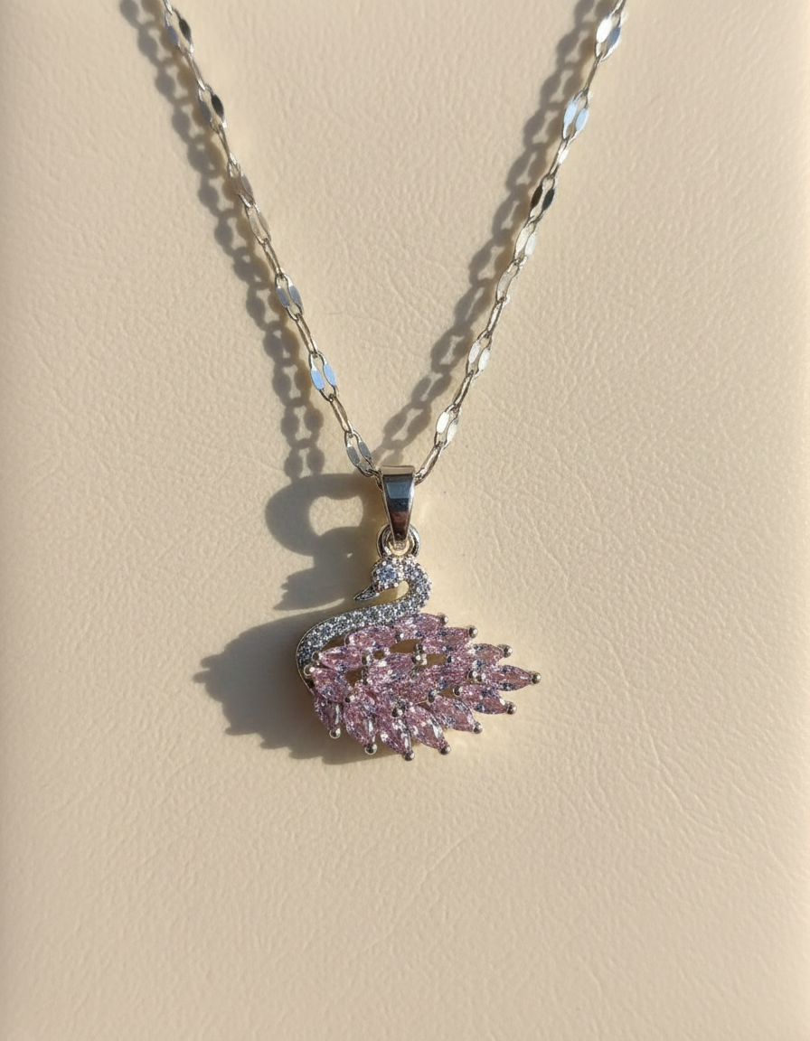 AAN Silver Pink Crystal Swan Pendant Necklace | Stainless Steel